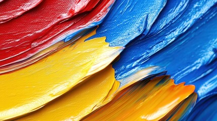 Abstract painting with vibrant red, blue, and yellow hues