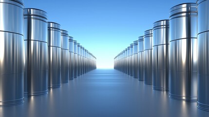 Row of silver metal barrels on right side against blue sky background with symmetrical composition showcasing metallic texture and industrial technology theme in cool tones.