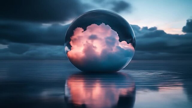 A glass orb captures a pink-tinged cloud and its reflection on rippling water