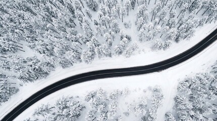 Aerial top down view of highway traffic with cars driving on dark asphalt road through white snowy landscape in winter
