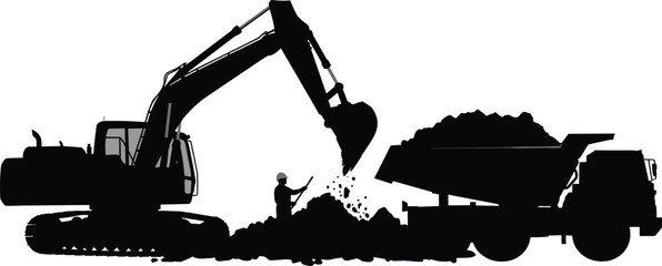 Dynamic black silhouette scene of a large excavator loading soil and gravel into a heavy-duty dump truck  © LITON WORLD
