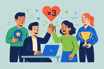 Fototapeta premium Group of diverse business professionals celebrating digital achievements through high fives and positive engagement alongside awards and symbols of success in a modern workspace