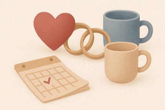 Romantic engagement symbolism with heart rings calendar cups representing love commitment and relationship milestones captured in soft color tones