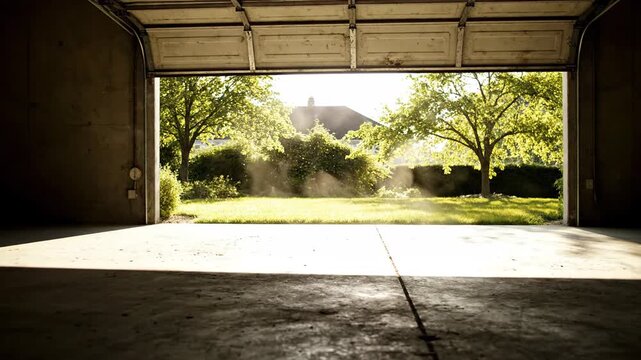 Open garage door revealing bright sunlit backyard with green grass and lush trees contrasting dark interior floor and walls