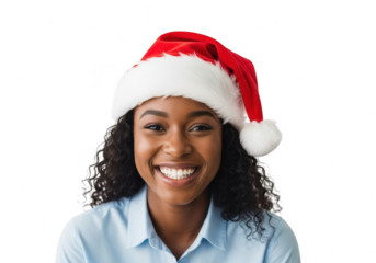 Young woman wearing a santa hat, isolated on transparent background