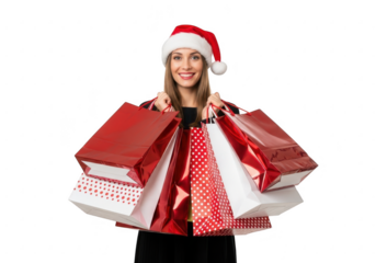 Woman in santa hat holding shopping bags isolated on transparent background