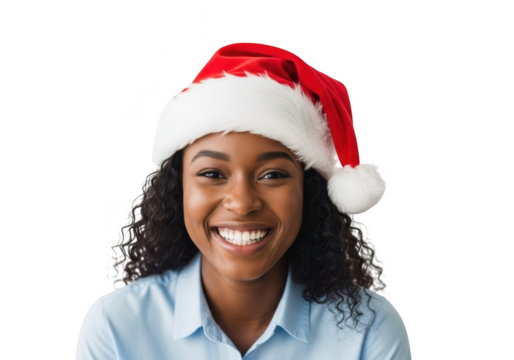 Young woman wearing a santa hat, isolated on transparent background