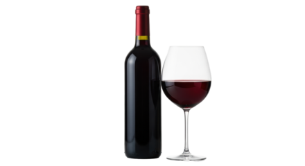 Immaculate dark red wine bottle with red foil cap and classic stemmed glass with deep red wine on a reflective surface, bright white studio background. Concept for luxury beverage advertising