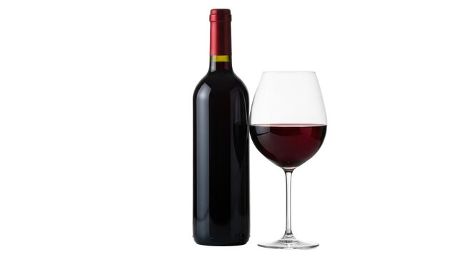 Immaculate dark red wine bottle with red foil cap and classic stemmed glass with deep red wine on a reflective surface, bright white studio background. Concept for luxury beverage advertising