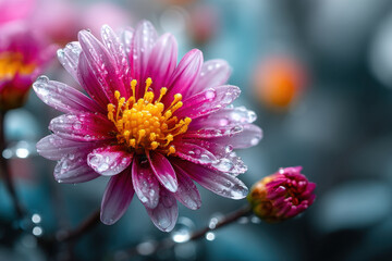 Obraz premium Pink Daisy Flower with Water Droplets Macro