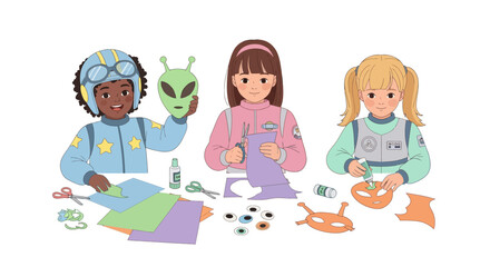 Creative children engaging in arts and crafts activities with playful themes