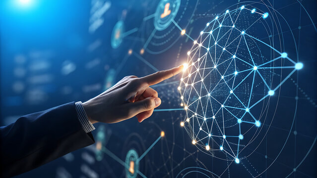 A finger touches a glowing node in a network of interconnected points, symbolizing connection, technology, and the digital age, with a blue background