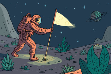 Astronaut Planting Glowing Flag Ali Professional Photo Perfect for Editorial Content