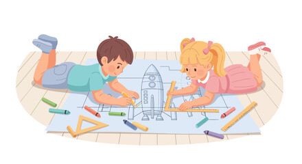 Children Engaged in Creative Spacecraft Drawing and Design Activity Indoors
