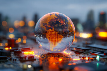 Digital globe reflecting global connectivity on a circuit board at dusk