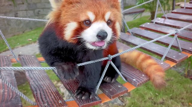 Red panda, Lesser panda Ailurus fulgens, walking on suspension bridge in the park