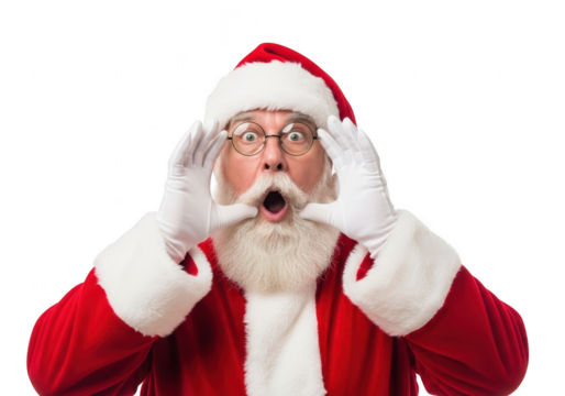 Surprised santa claus with open mouth, isolated on transparent background