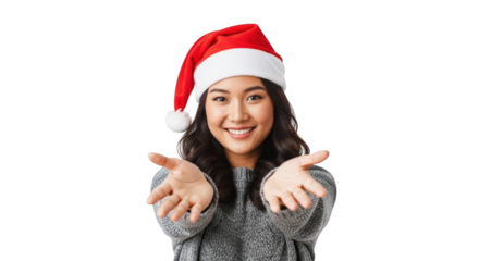 Young woman wearing santa hat offering hands, isolated on transparent background