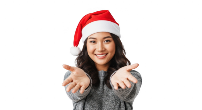 Young woman wearing santa hat offering hands, isolated on transparent background