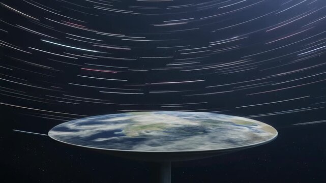 Earth Rotation Scene with Star Trails and Flat Perspective of the Planet