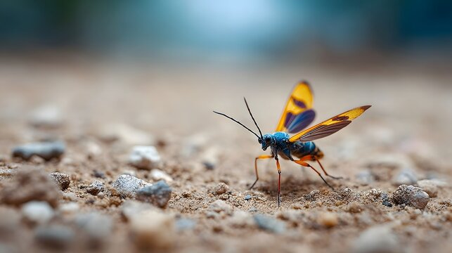 A small colorful moth with intricate wings rests on the sandy ground - Powered by Adobe
