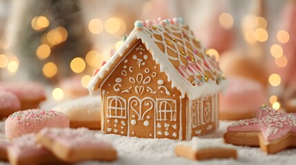Gingerbread house is decorated with icing and sprinkles. The house is surrounded by other gingerbread cookies and a few other treats. Scene is festive and celebratory
