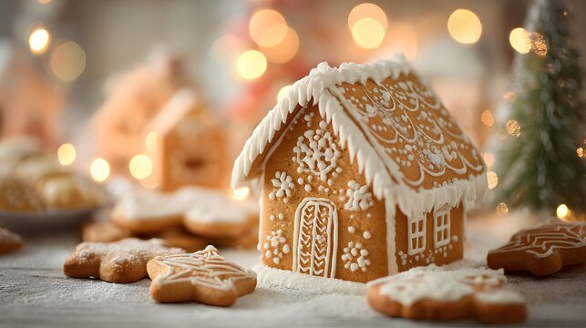 Gingerbread house with white icing and snowflakes on it sits on a table with other gingerbread cookies - Powered by Adobe