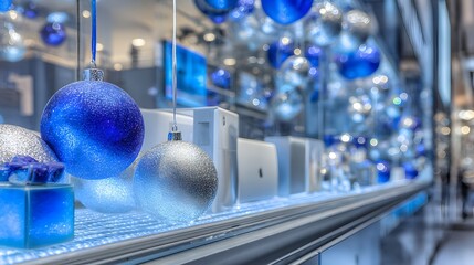 Display of Christmas ornaments, including blue and silver balls, is on a shelf. The blue balls are hanging from a blue string, and the silver balls are on a shelf below them. The display is festive