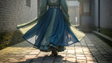 Woman walking in traditional dress down a cobblestone alley  
