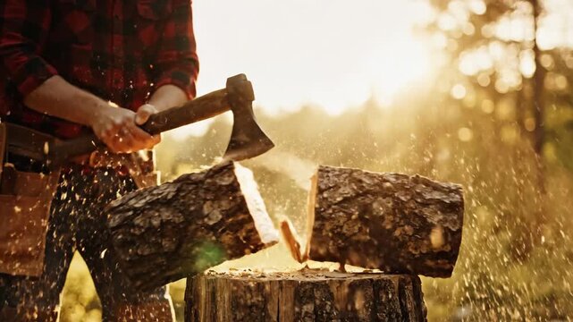 Person chopping wood with axe outdoors golden hour sunlight