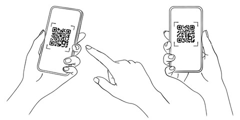 線画のスマートフォンQRコード決済・読み取り,キャッシュレス,モバイル決済,情報交換,スキャン,アプリ,シンプル,ベクター © DROP DESIGN STUDIO