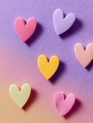 Fototapeta premium Colorful Heart Stickers on Pastel Purple Paper Create a Cheerful and Warm Atmosphere Perfect for Decoration or Crafts