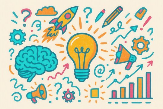 Creative brainstorming concepts with a light bulb symbolizing innovation, cognitive development, and business growth amid gears, graphs, and dynamic visual elements showcasing ideas