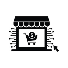 ecommerce store icon vector with shopping cart and dollar symbol, online marketplace technology illustration for digital retail.