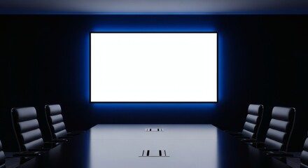 Sleek and modern conference room featuring a large, illuminated screen, ideal for professional presentations and collaborative meetings