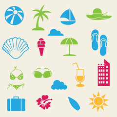 Flat Summer Vector Set Beach Holiday Icons and Tropical Seasonal Elements