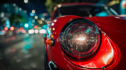 Close-up of a vintage red sports car headlight at night on a city street