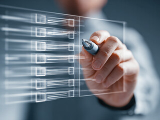 Person interacting with a futuristic transparent digital checklist interface using a pen stylus, symbolizing advanced technology and task management innovation