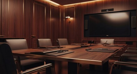 Elegant wood-paneled conference room with a large table and modern technology for executive business meetings