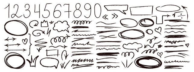 Bold marker set with check marks speech arrows and parenthesis emphasis.