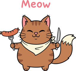 Cartoon brown cat vector illustration, smiling with fork and knife, playful food-themed character for kids and pet lovers