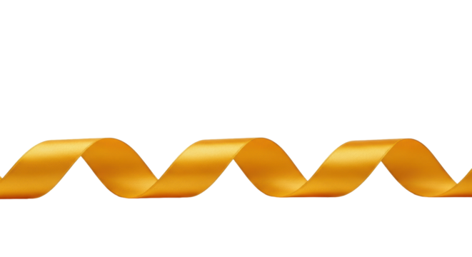 Lustrous golden satin ribbon gracefully flowing in an S-curve, showcasing rich texture and glossy sheen, isolated on a transparent studio background with copy space. Concept of premium quality and