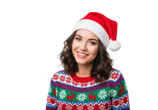 Smiling woman wearing christmas sweater and santa hat isolated on transparent background - Powered by Adobe