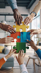 Diverse group working together to solve a colorful puzzle in a bright office space