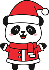 Cartoon panda in Santa outfit vector illustration, festive Christmas character with cheerful face for holiday cards and decor