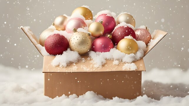 Box full of Christmas ornaments is covered in snow. The snow adds a festive and cozy atmosphere to the scene
