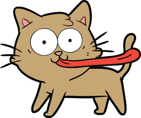 Funny cartoon brown cat vector illustration, wide eyes and long tongue, playful character for kids and humor content