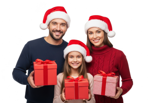 Happy family with christmas gifts, isolated on transparent background - Powered by Adobe