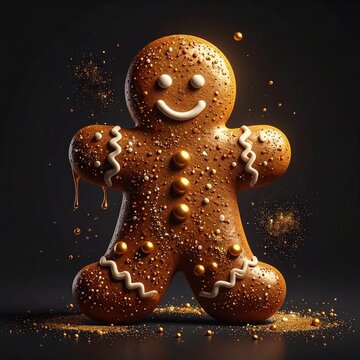 Lebkuchenmann mit fl&uuml;ssigem Gold und goldenem Glitzer vor einem schwarzen Hintergrund