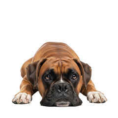 Obraz premium Fawn-colored boxer dog with black muzzle and white front paws lying calmly, head resting, soft brown eyes looking up, against transparent studio background. Concept of serene companionship and